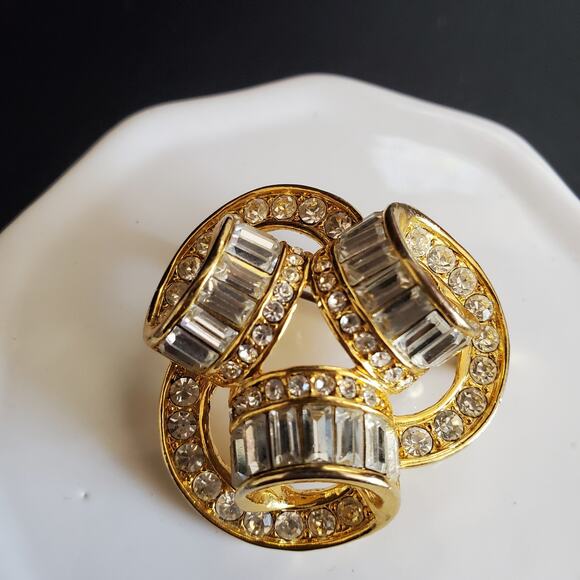 Triple Coil Brooch Gold Tone with Baguette and Round Rhinestones Bling Statement - Picture 6 of 10
